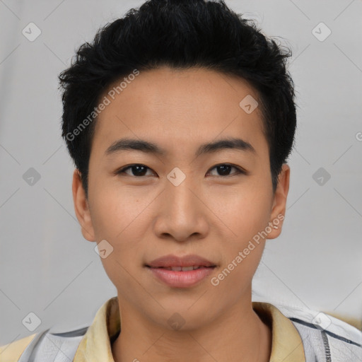 Neutral asian young-adult male with short  black hair and brown eyes