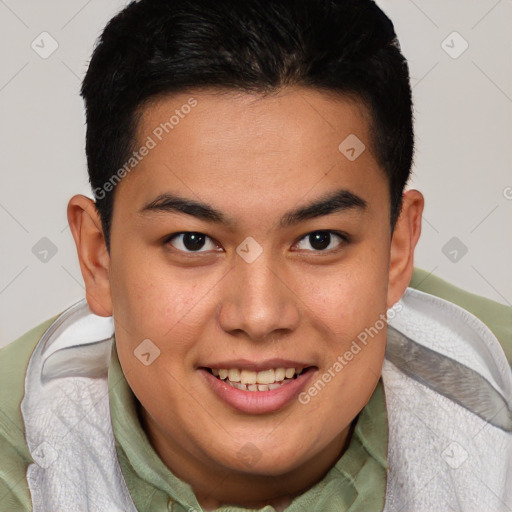 Joyful latino young-adult male with short  brown hair and brown eyes