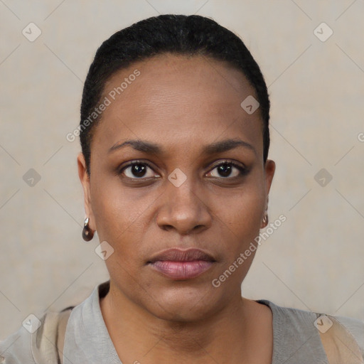 Neutral black young-adult female with short  black hair and brown eyes