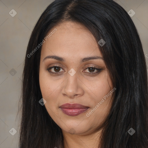 Joyful latino young-adult female with long  brown hair and brown eyes