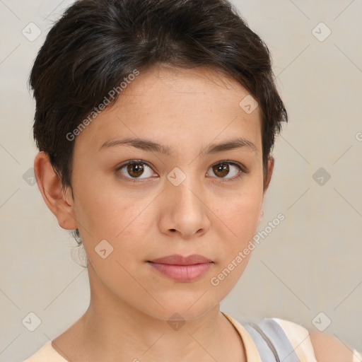 Neutral white young-adult female with short  brown hair and brown eyes