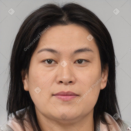 Joyful asian young-adult female with medium  brown hair and brown eyes