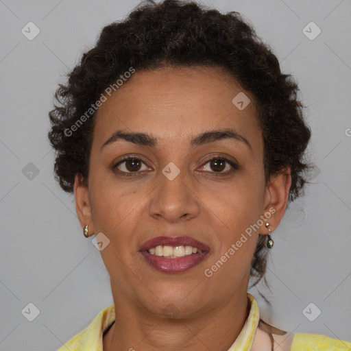 Joyful latino young-adult female with short  brown hair and brown eyes