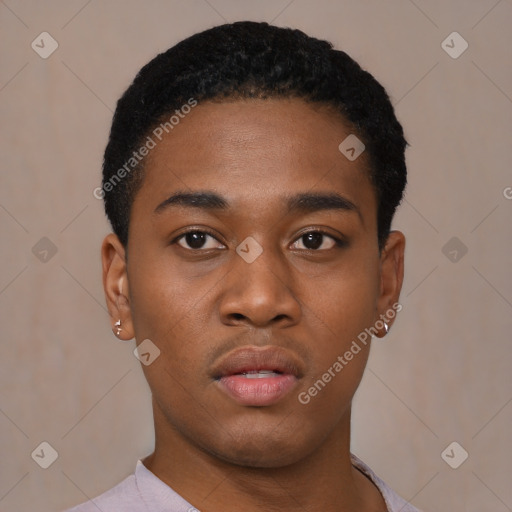 Neutral black young-adult male with short  black hair and brown eyes