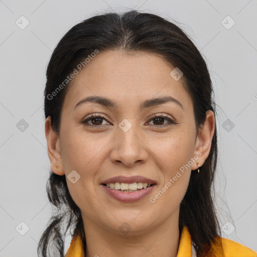 Joyful white young-adult female with medium  brown hair and brown eyes