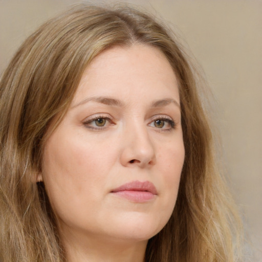 Joyful white young-adult female with long  brown hair and green eyes