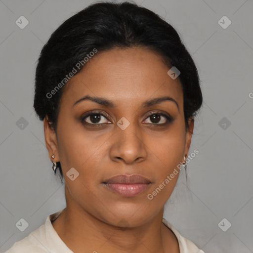 Joyful latino young-adult female with short  brown hair and brown eyes