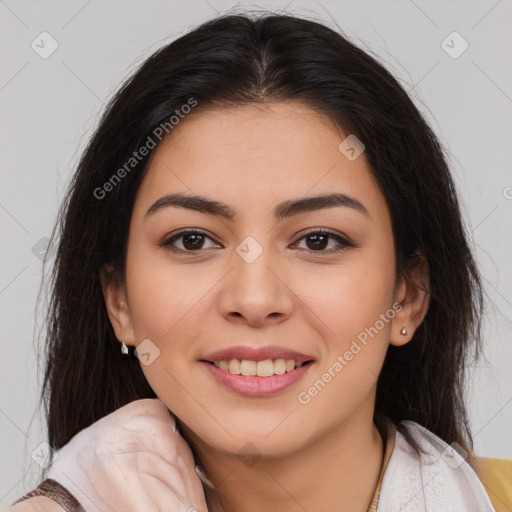 Joyful latino young-adult female with medium  brown hair and brown eyes