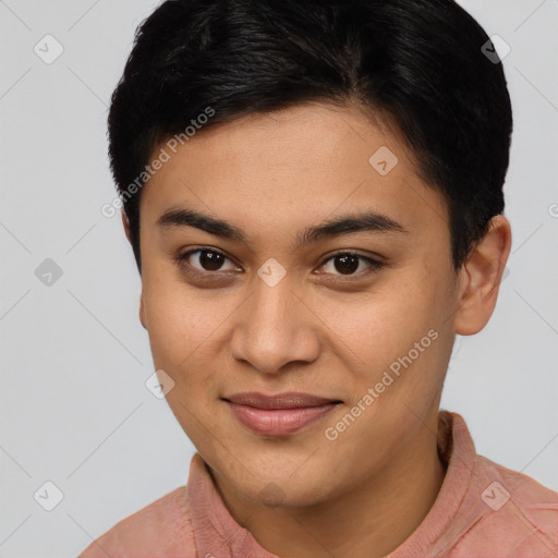 Joyful latino young-adult female with short  brown hair and brown eyes