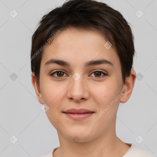 Joyful white young-adult female with short  brown hair and brown eyes