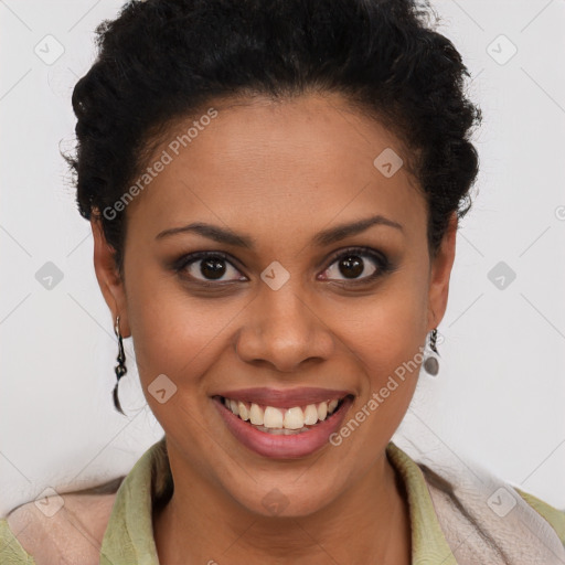 Joyful latino young-adult female with short  brown hair and brown eyes