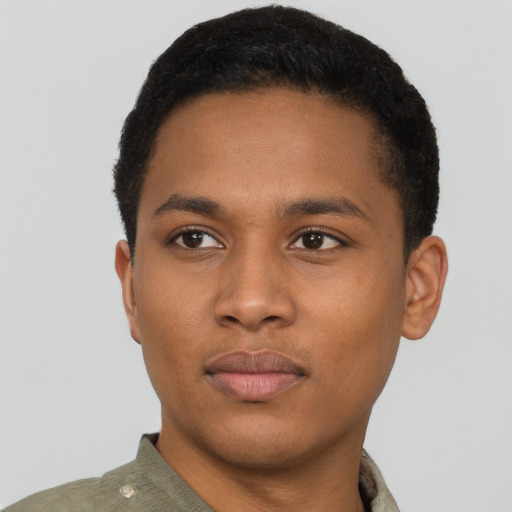 Neutral black young-adult male with short  black hair and brown eyes