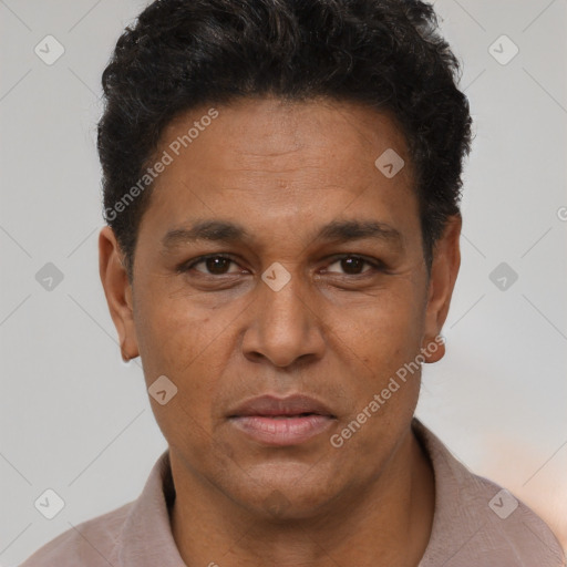 Joyful latino adult male with short  brown hair and brown eyes