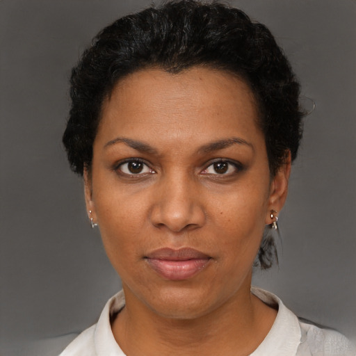 Neutral black young-adult female with short  brown hair and brown eyes