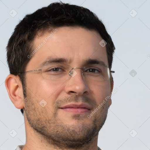 Neutral white young-adult male with short  brown hair and brown eyes