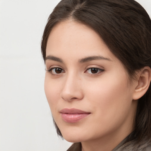 Neutral white young-adult female with long  brown hair and brown eyes