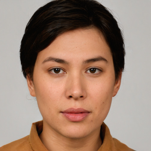 Neutral white young-adult female with short  brown hair and brown eyes