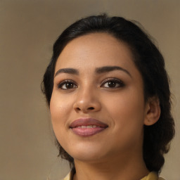 Joyful latino young-adult female with medium  black hair and brown eyes