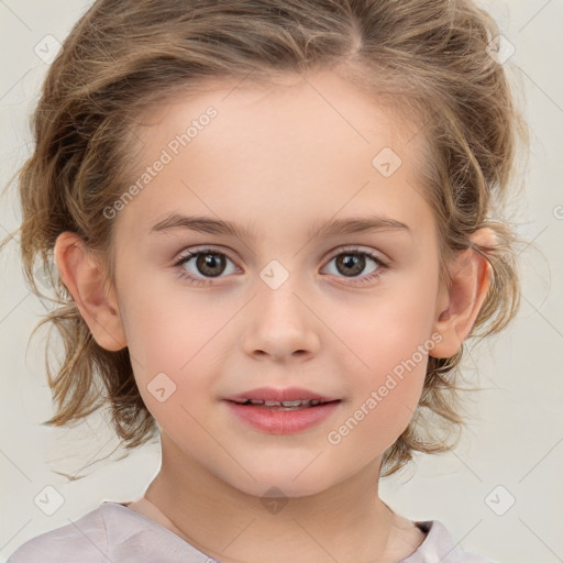 Joyful white child female with medium  brown hair and brown eyes