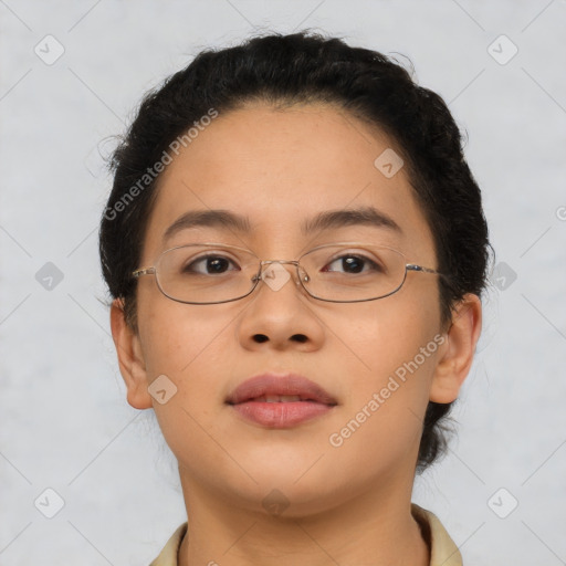 Neutral asian young-adult female with short  brown hair and brown eyes