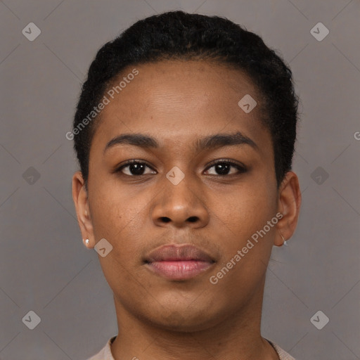 Neutral black young-adult female with short  black hair and brown eyes