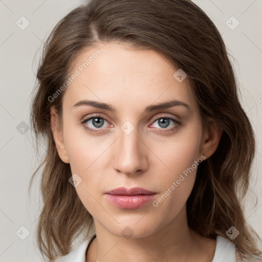 Neutral white young-adult female with medium  brown hair and grey eyes