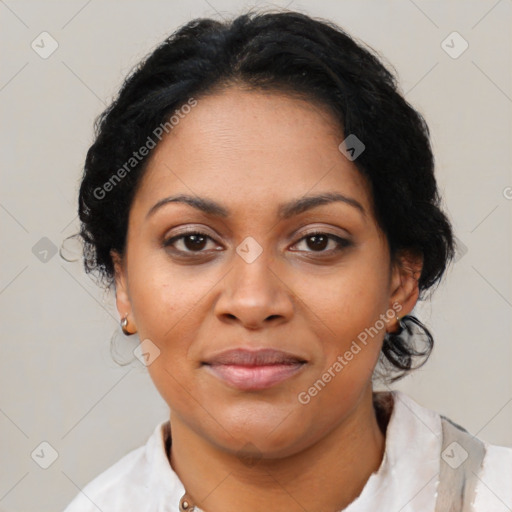 Joyful latino young-adult female with short  black hair and brown eyes