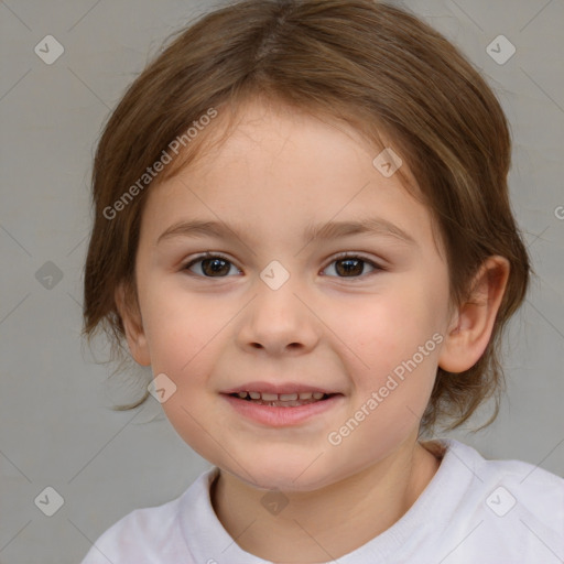 Joyful white child female with medium  brown hair and brown eyes