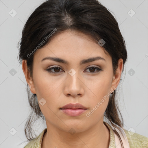 Neutral asian young-adult female with medium  brown hair and brown eyes