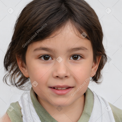 Joyful white child female with medium  brown hair and brown eyes