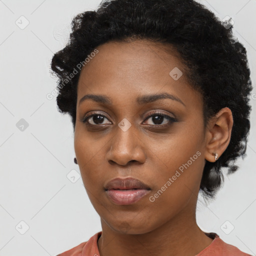 Neutral black young-adult female with short  black hair and brown eyes