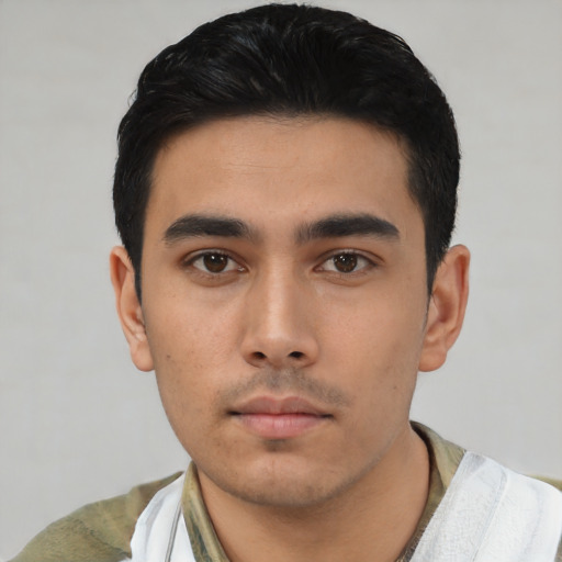 Neutral asian young-adult male with short  black hair and brown eyes