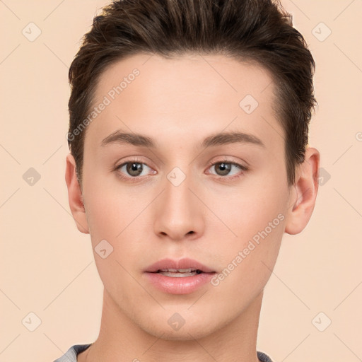 Neutral white young-adult male with short  brown hair and brown eyes