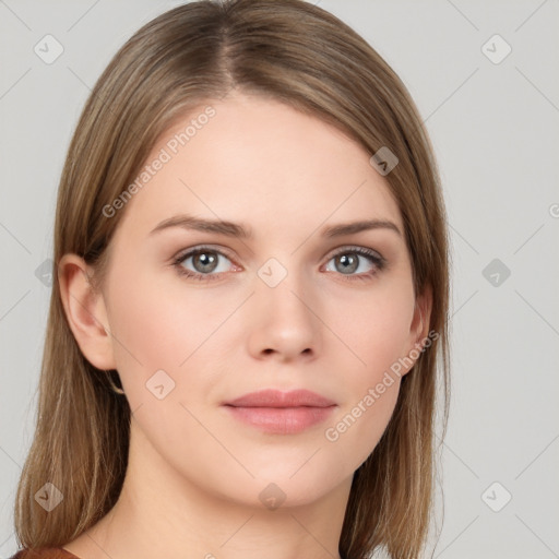 Neutral white young-adult female with medium  brown hair and grey eyes