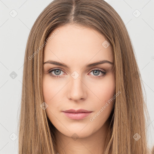 Neutral white young-adult female with long  brown hair and brown eyes