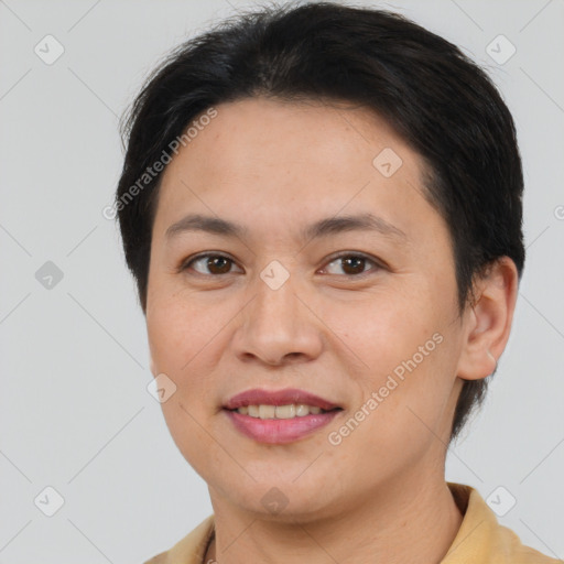 Joyful white young-adult female with short  brown hair and brown eyes