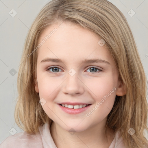 Joyful white child female with medium  brown hair and brown eyes