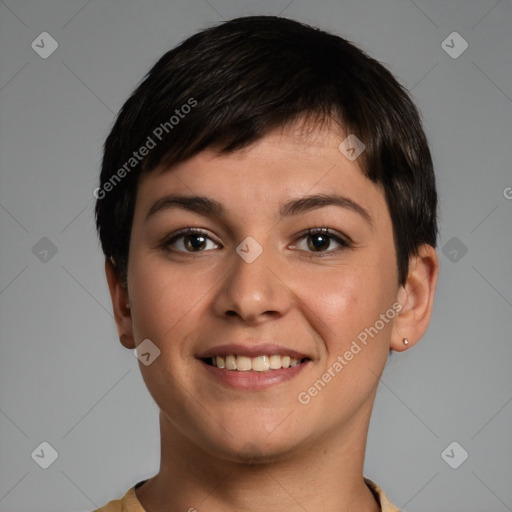 Joyful white young-adult female with short  brown hair and brown eyes