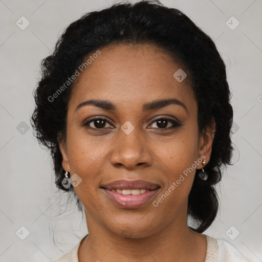 Joyful black young-adult female with medium  black hair and brown eyes