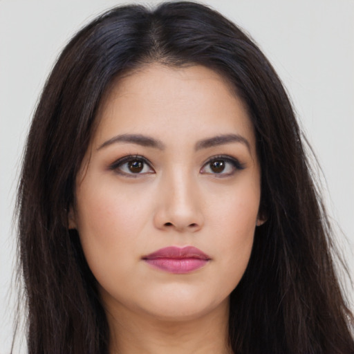 Neutral asian young-adult female with long  brown hair and brown eyes