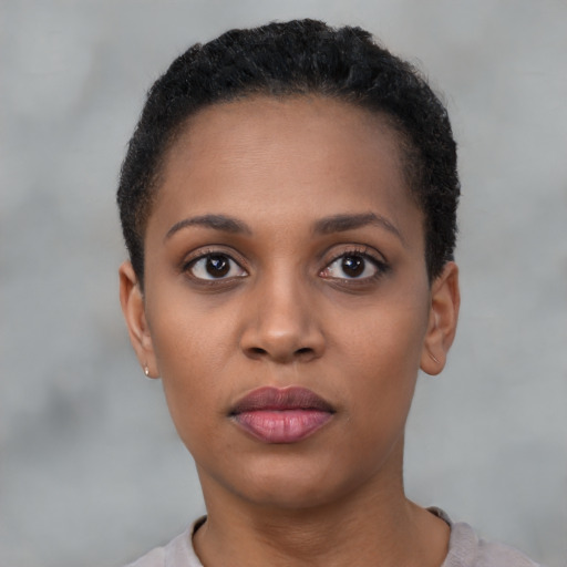 Neutral black young-adult female with short  brown hair and brown eyes