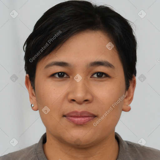 Joyful asian young-adult female with short  brown hair and brown eyes