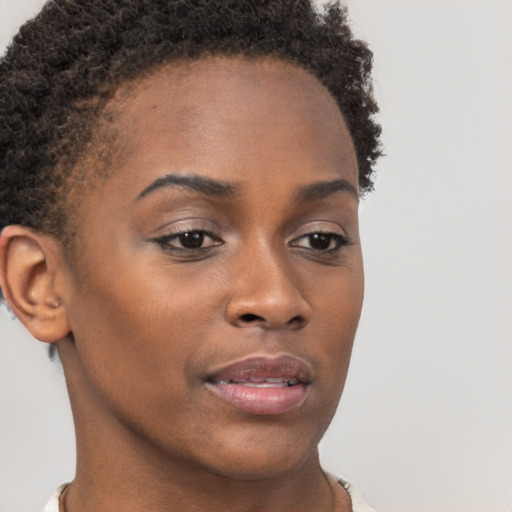 Neutral black young-adult female with short  brown hair and brown eyes