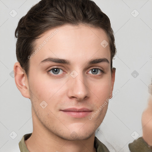 Neutral white young-adult male with short  brown hair and grey eyes