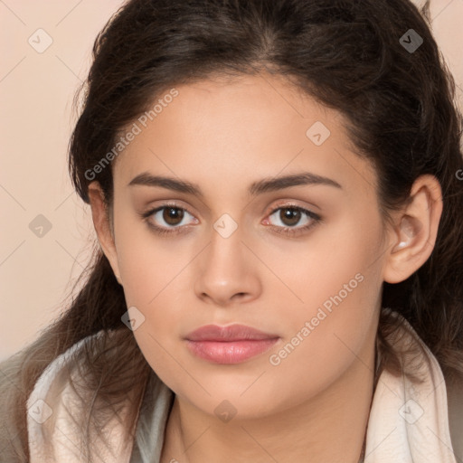 Neutral white young-adult female with long  brown hair and brown eyes