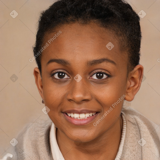 Joyful black young-adult female with short  brown hair and brown eyes