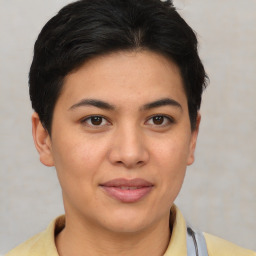 Joyful asian young-adult female with short  brown hair and brown eyes