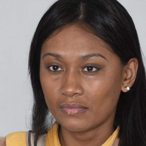 Neutral asian young-adult female with long  brown hair and brown eyes