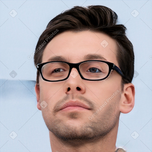 Neutral white young-adult male with short  brown hair and grey eyes