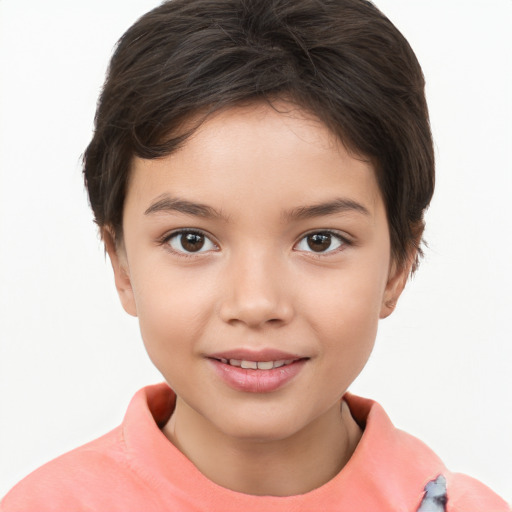 Joyful white child female with short  brown hair and brown eyes